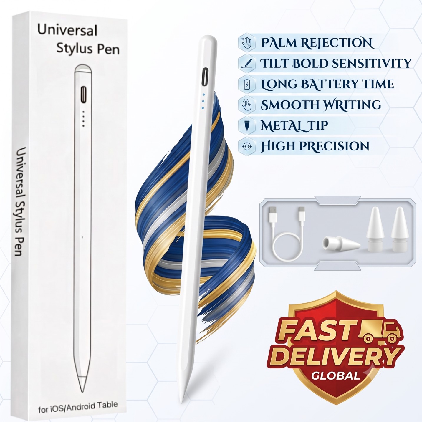 Universal Stylus Pen for All Touch Devices | High Precision Metal Tip Digital Pen for, Android & Windows Tablets | Super Long Battery | Rechargeable | Palm Rejection - Quality Club