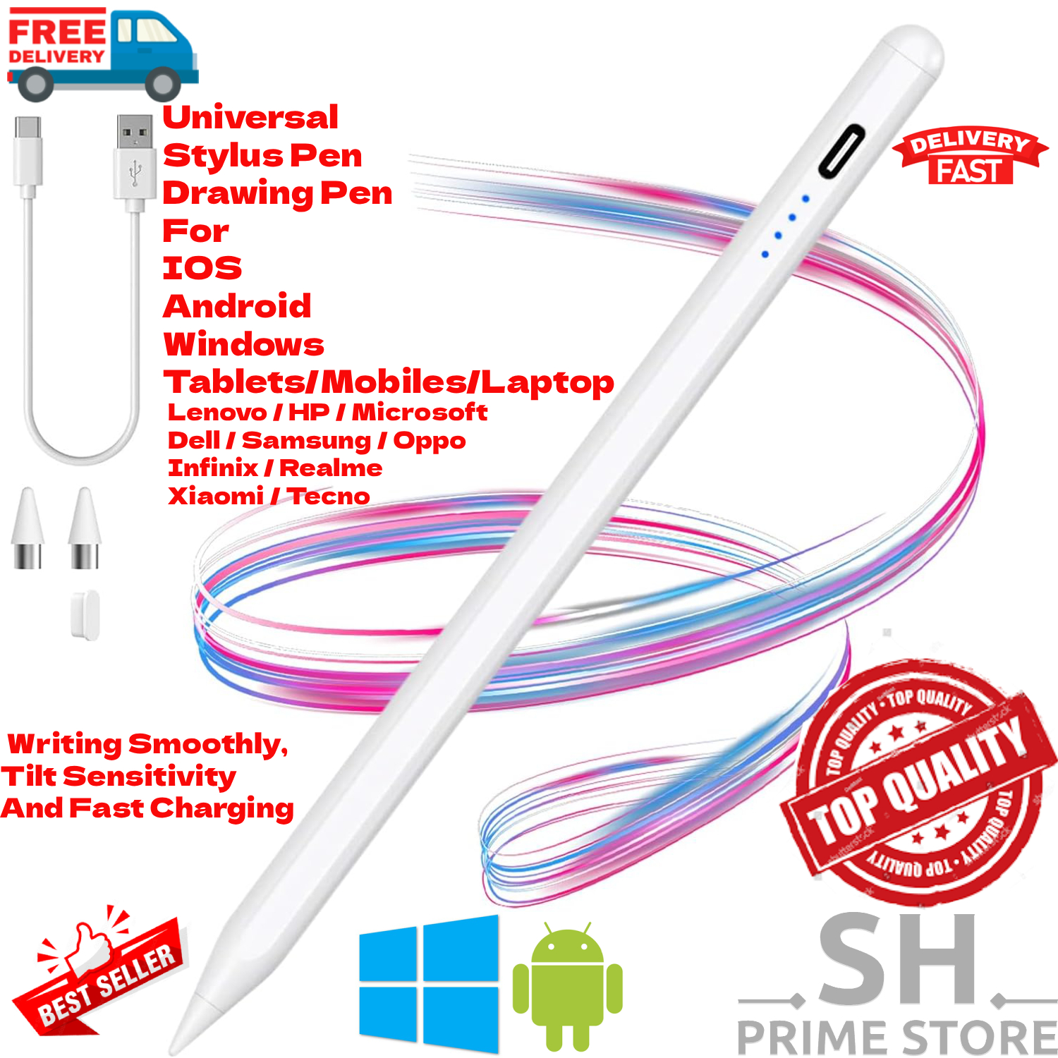 Universal Stylus Pen | High Precision Tip | Rechargeable | Long Battery | Palm Rejection - Compatible with iOS Android & Windows Tablets & all Touch Devices