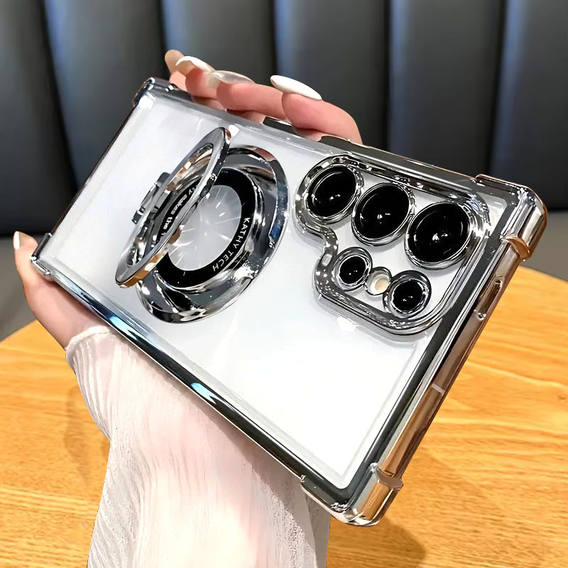 Luxury Magnetic Plating Stand Shockproof Clear Case For S26 S25 S24 S23 S22 S21 Ultra Plus FE Acrylic Back Cover